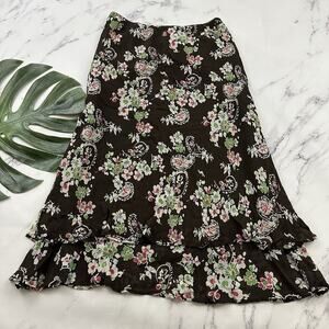 Style & Co Womens Vintage Y2k Slip Skirt Size 14 P Brown Green Paisley Floral